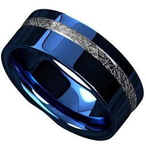 High Polished Blue Tungsten Carbide 8MM with simulated Silver Meteorite Inlay